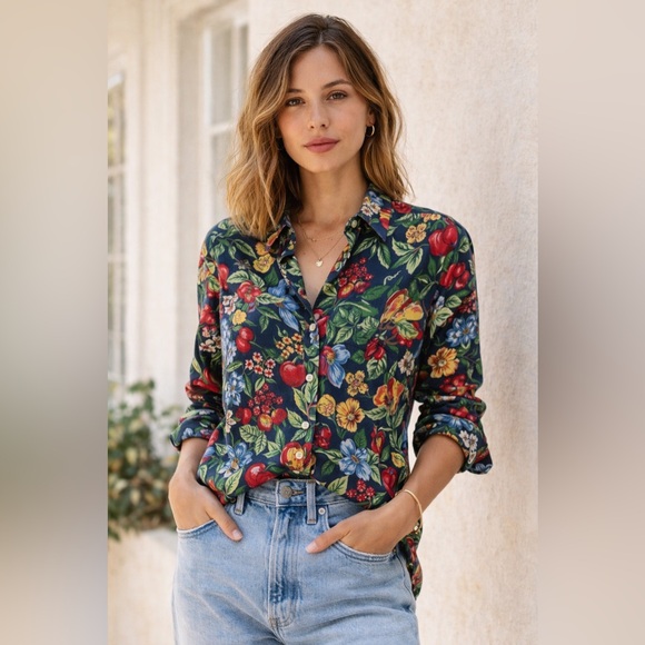Liz Wear Tops - Vintage Liz Wear Fruit Floral Shirt Women’s S Rayon Button Down 90s Cottagecore